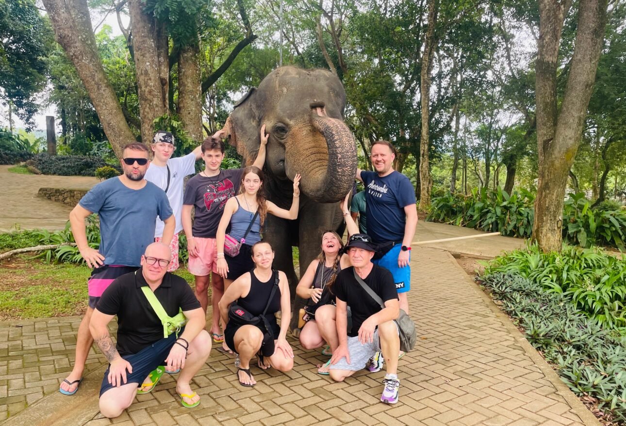 Travelers with an elephant on a Sri Lanka tour